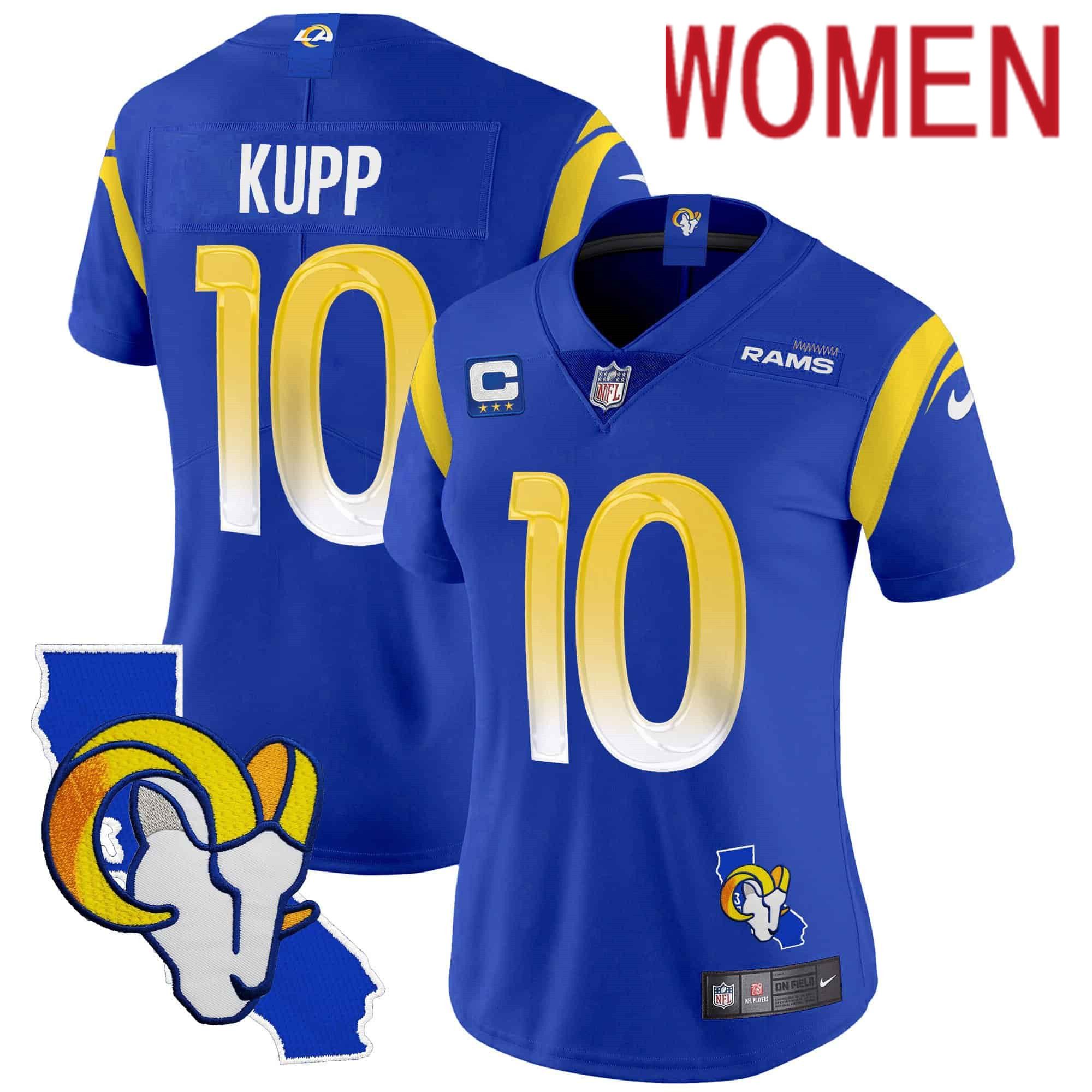 Women Custom Los Angeles Rams #10 Kupp Blue 2024 Nike California Patch Vapor Limited NFL Jersey style 1->nfl hats->Sports Caps